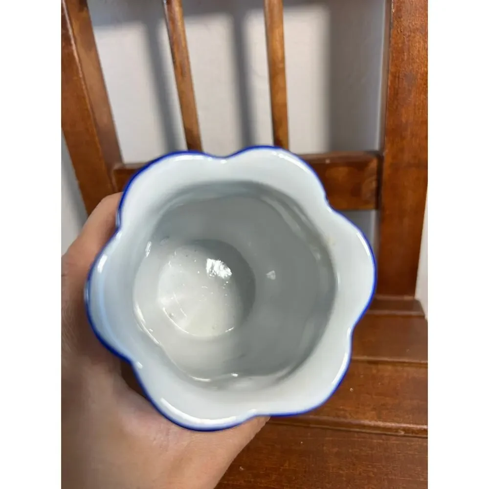 Vintage Chinese Porcelain Lotus Vase Hand Painted Blue White Scalloped Rim